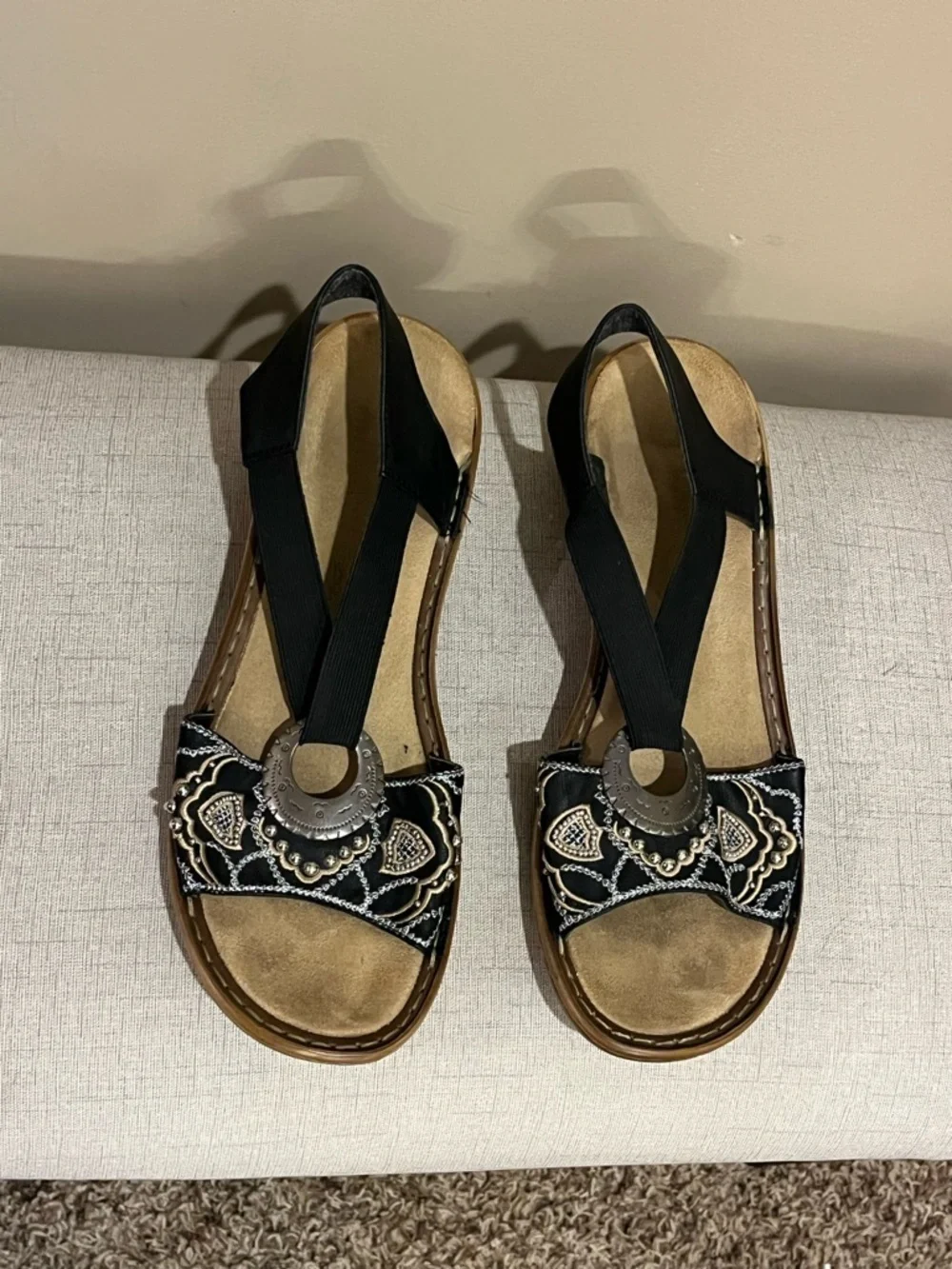 Rieker Regina B9 Black Embroidered Boho Slingback Sandals Silver Medallion, 42